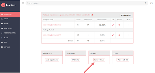 LeadGen App form overview page -  access form settings.