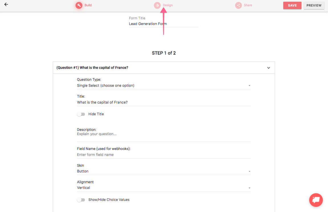 Enter design section in LeadGen App form-builder