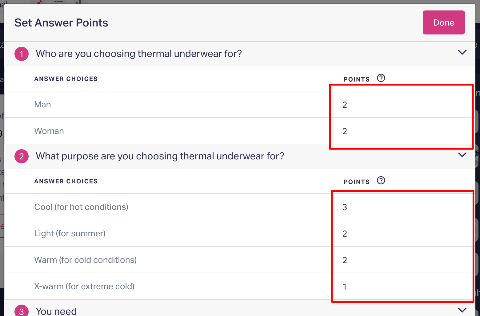 Assign the necessary points to each option and then close the table.