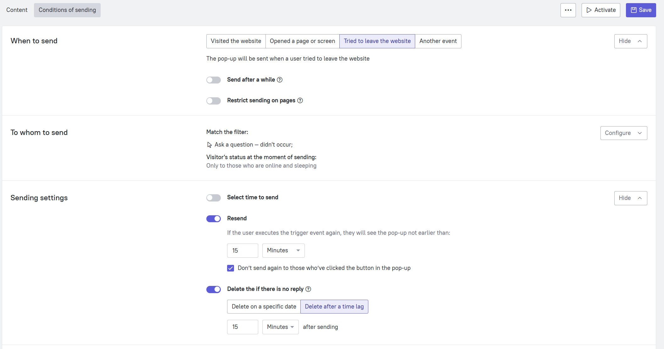 Example of exit pop-up settings