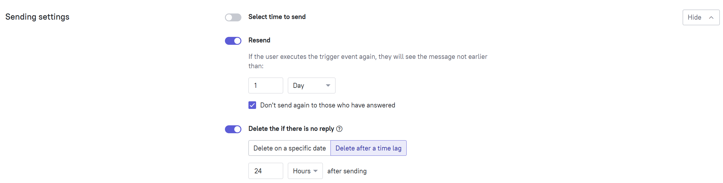 Sending settings