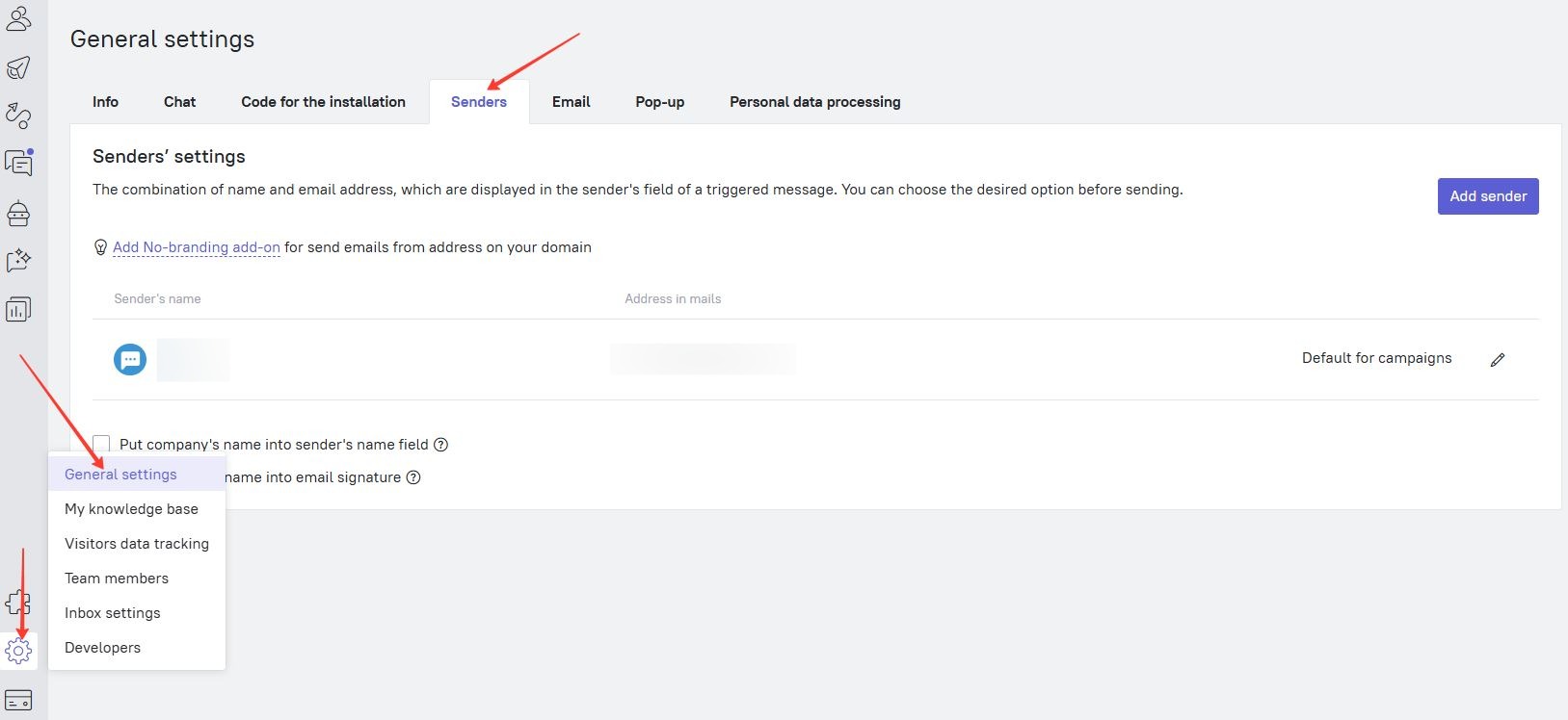 Senders tab in Dashly